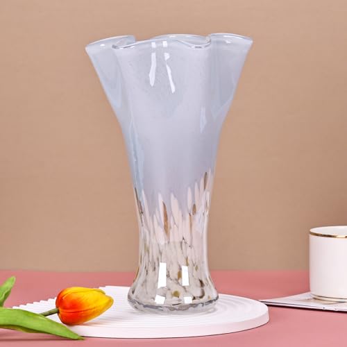9.0" H Blue White Glass Vases for Flower, Unique Hand Blown Glass Vase - color: Blue White