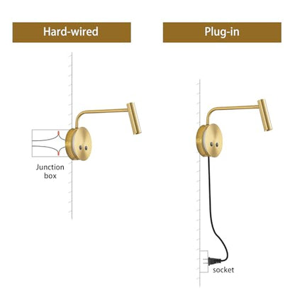 Gold Wall Mounted Reading Light 2 Pack, 3000K Flexible Headboard Reading Sconces with On Off Switch Control, Plug in/Hardwired Wall Light Fixtures with Night Light for Bedside Bedroom Bunk - color: Gold-2 Pack