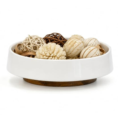 Occasionals Ceramic Decorative Bowl with Acacia Wood Base, 10 Inch White