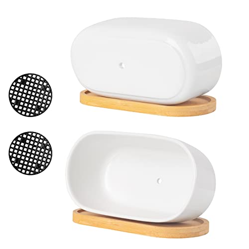 White Ceramic Succulent Plant Pots, Indoor and Outdoor Succulent Planters, Set of 2 Small Cactus Containers, Bonsai Pots, Flower Pots with Drainage Hole and Bamboo Bowl (No Plant) - color: Oval-shaped