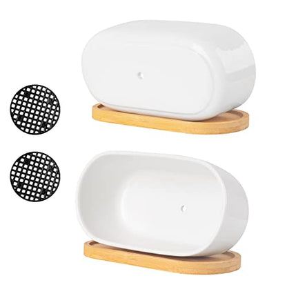 White Ceramic Succulent Plant Pots, Indoor and Outdoor Succulent Planters, Set of 2 Small Cactus Containers, Bonsai Pots, Flower Pots with Drainage Hole and Bamboo Bowl (No Plant) - color: Oval-shaped