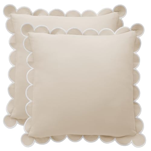 BEBE BASK Scalloped Pillow Cover Set of 2, 18x18, Cotton - Natural - color: Natural/White