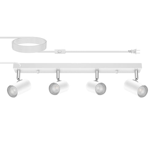 AUQUEE 4 Light Track Lighting Kit,23'' White Modern Plug in Ceiling Spotlight,Industrial LED Wall Light for Kitchen Cabinet Gallery Bar Hallway Living Room,Rocker Switch,15 Foot Cord(No Bulb) - color: 4 Light-white