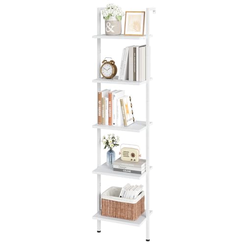ELYKEN Ladder Shelf, 5-Tier Wood Wall Mounted Ladder Bookshelf - color: White