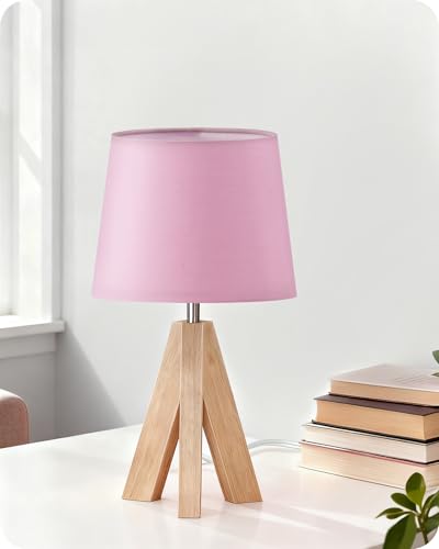 Pink Table Lamp, Small Tripod Table Lamp, Boho Bedside Lamp with Pink Linen Shade & Wood Base, Modern Nightstand Lamps, Little Cute Desk Lamp for Girls Room, Kids Room, Bedroom, P51TL05 - color: Pink+Natural Wood