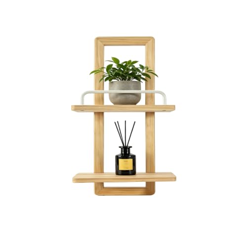 Floating Shelves for Wall, 2 Tier 16" Wood Wall Shelf with Anti-Slip Guardrail, Rustic Boho Wall Decor for Living Room, Bedroom, Bathroom, Heavy Duty Plant Shelf, 20 lbs Capacity - color: Natural Wood Color