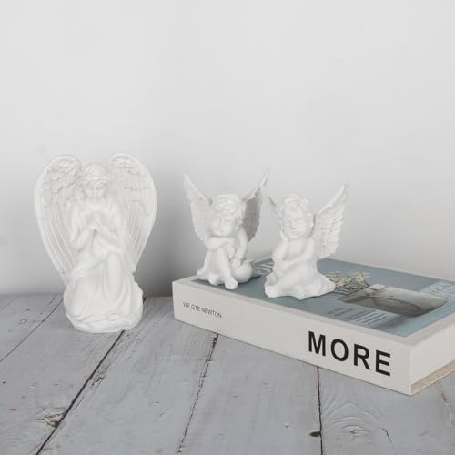 Set of 3 Grey Resin Small Elephant Statues and Set of 2 Cherub Angels Statue Figurine