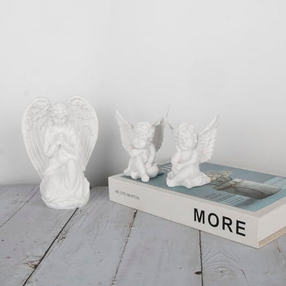 Set of 3 Grey Resin Small Elephant Statues and Set of 2 Cherub Angels Statue Figurine