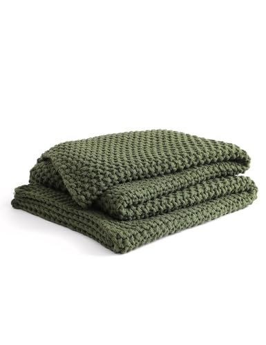 YnM Chunky Cotton Knit Throw Blanket, Cable Knit Throws for Bed Couch Sofa, Comfy & Relaxing, Decorative Piece for Farmhouse Modern Boho Rustic Scandinavian Chic Vibe, Pine Green 50x60 Inches - color: Pine Green - Medium Weight, size: Throw