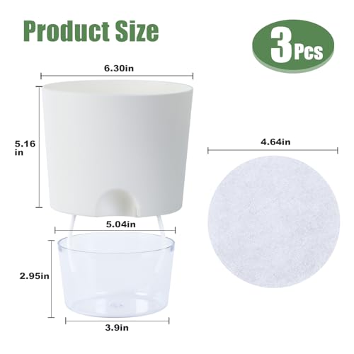 Oliz 6 Inch Self Watering Planter Pots for Indoor Plants, 3 Packs African Violet Pots with Wick Rope and Visible Reservoir Self Watering Planter for Herb, Houseplants