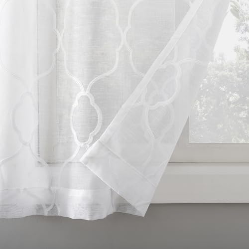 No. 918 Allerton Embroidered Trellis Semi-Sheer Rod Pocket Kitchen Curtain Valance and Tiers Set, White, 52" W x 36" L