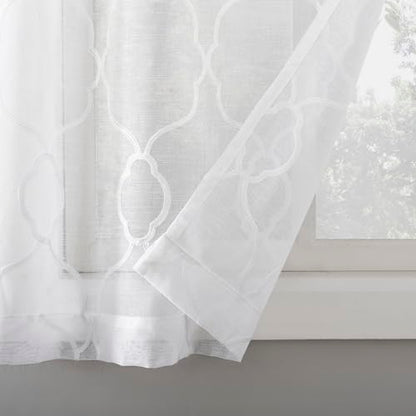 No. 918 Allerton Embroidered Trellis Semi-Sheer Rod Pocket Kitchen Curtain Valance and Tiers Set, White, 52" W x 36" L