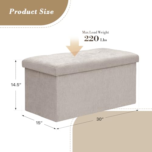 Athena Collection 30" Storage Ottoman Bench Folding Bench with 90L Hidden Storage, Large End of Bed Bench Linen Foot Rest Stool Chest with Flipping Lid for Living Room Bedroom Entryway, Sandy Beige - color: Sandy Beige, style: 30" Linen