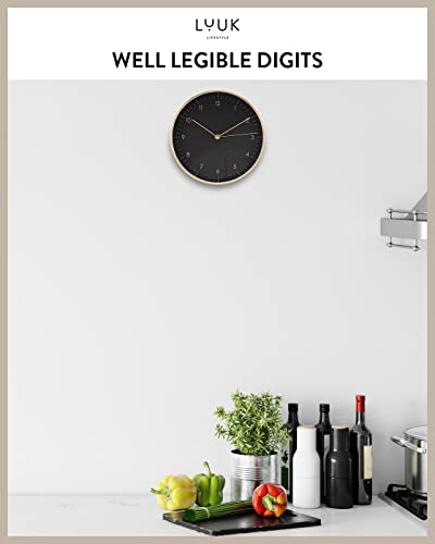 LUUK LIFESTYLE Modern Silent Quartz Wall Clock, 10in, Black & Gold | Chic & Minimalist, Non-ticking, Analog, Arabic numerals, Easy-to-read, Battery operated, for Living Room, Mantel, Foyer - color: Black & Gold, 10"