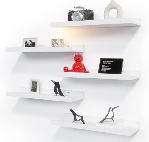 RICHER HOUSE 5-Set Floating Shelves with Lip, White Wall Mounted Wood Shelf - color: White, size: 16in