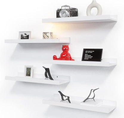 RICHER HOUSE 5-Set Floating Shelves with Lip, White Wall Mounted Wood Shelf - color: White, size: 16in