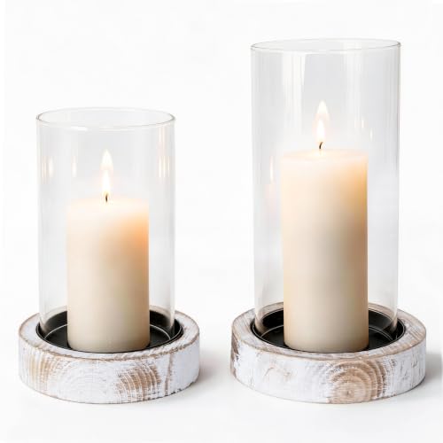 Hurricane Candle Holder Wooden: Set of 2 Candle Holder Pillar with Wood Base Clear Glass Sleeve – Rustic Wooden Candle Holders for Home Decor, Weddings, Table Centerpieces(White) - color: Rustic White