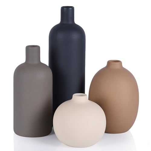 Ceramic Neutral Vase Set of 4 - Modern Decorative Flower Vases Home Decor, Rustic Farmhouse Table Decor for Living Room, Shelves, Entryway, Mantel, Boho Pottery Vases for Bouquets, Pampas, and Gifts - color: Neutral Mix