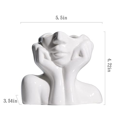 BrownLove Ceramic Face Vase White Flower Vase for Decor Female Form Face Vase Art Vase Modern Decorative Vase Centerpiece for Table Shelf Living Room Office Bedroom Small - style: Face Vase - Hands on Cheeks