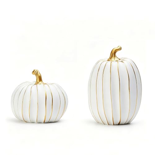 2Pcs Resin Pumpkin Figurines, Gold Stripe Fall Thanksgiving Decor - style: Gold Stripe Pumpkin