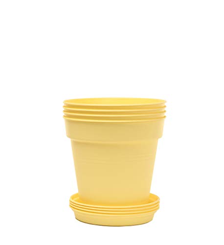 Mintra Garden Pots, 4 Pack Bulk Plastic Plant Pots with Drainage Tray, Round Indoor & Outdoor Decorative Planters with Drain Holes for Flowers, Herbs & Plants, 11cm Diameter – Yellow, 4.3 in - color: Yellow, size: 11cm Diameter (4.3in)