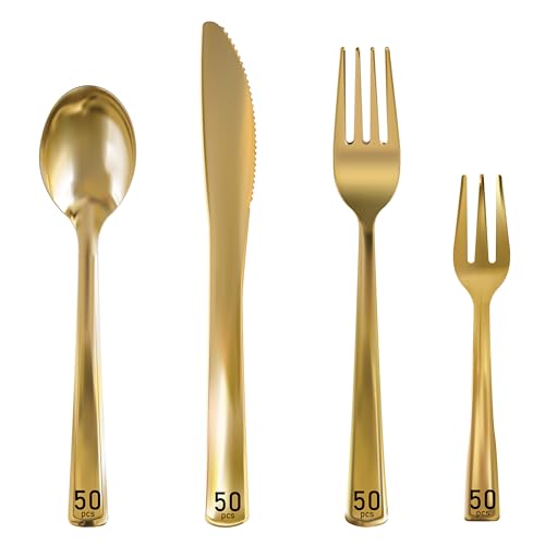 Neatiffy 200 Pcs Gold Plastic Silverware Disposable Cutlery Set, Includes 50 Forks, 50 Spoons, 50 Knives, 50 Medium Forks, Utensils Set for Catering, Parties, Dinners, Weddings - color: Gold Cutlery only