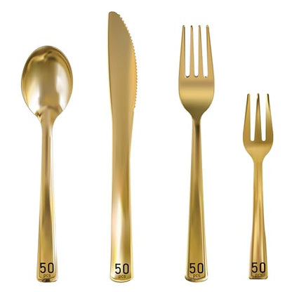 Neatiffy 200 Pcs Gold Plastic Silverware Disposable Cutlery Set, Includes 50 Forks, 50 Spoons, 50 Knives, 50 Medium Forks, Utensils Set for Catering, Parties, Dinners, Weddings - color: Gold Cutlery only