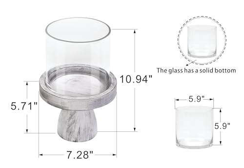 7" Wide Farmhouse Glass Hurricane Candle Holder & Glass Vase with Distressed White Sturdy Solid Wooden Base for Pillar & Flower Arrangement, Terrarium, Centerpiece, Console Table, Dining Table, Mantel - color: Rustic White, size: 7"x10"