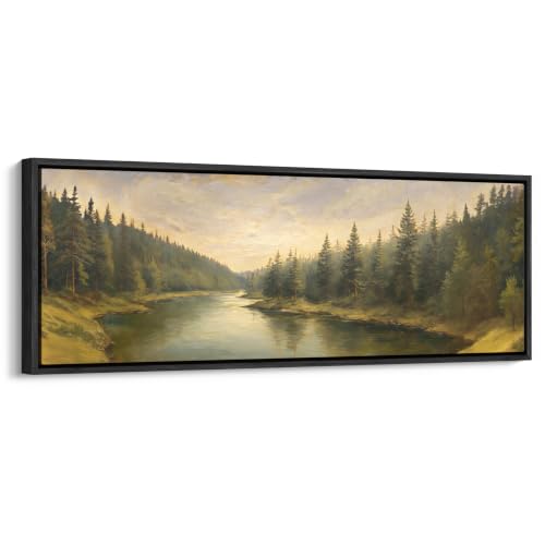 wall26 Large Framed Wall Art Canvas Print - Vintage Pine Forest River Landscape - Contemporary Artwork for Living Room Bedroom Office - 60"x20" Black - color: A07-2607-YUK19, size: 60"L x 20"W, style: Black Frame