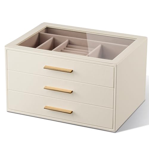 Jewelry Box Organizer Storage Case, 3-Layer with Glass Window, White - color: White, size: 3 layer