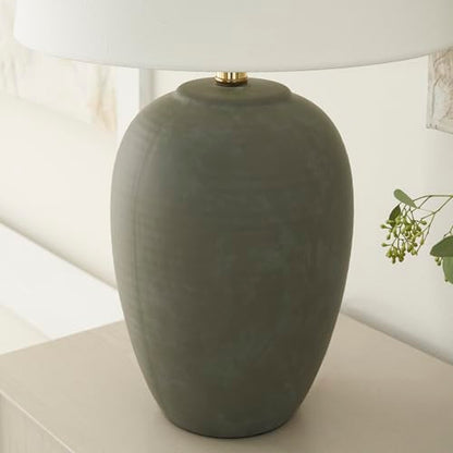 Nourison Home 23" Olive Green Ceramic Pot Table Lamp for Bedroom, Living Room, Dining Office, with White Tapered Drum Shade - color: Dark Green, size: 1 Lamp - Drum Shade