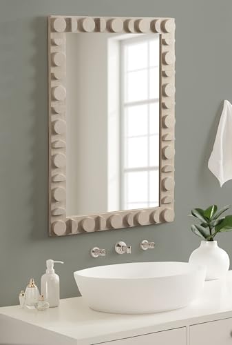 Kate and Laurel Lunara Boho Rectangle Wood Wall Mirror, 24 x 35, Bleached Wood, Coastal Light Wooden Rectangular Bathroom Mirror for Over Sink with Geometric Detailing - color: White
