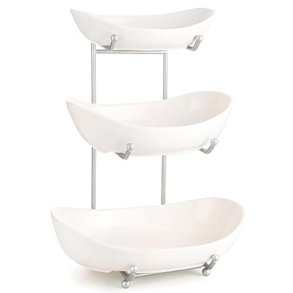 3 Tier Fruit Basket for Kitchen Counter, Silver/White Ceramic Fruit Bowl for Countertop, Home Fruit Rack with Holder, Vegetable Bowl Snacks Nuts Bread Candy Storage (White)