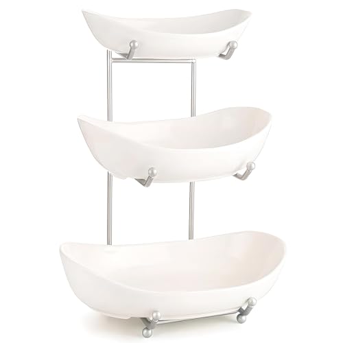 3 Tier Fruit Basket for Kitchen Counter, Silver/White Ceramic Fruit Bowl for Countertop, Home Fruit Rack with Holder, Vegetable Bowl Snacks Nuts Bread Candy Storage (White)