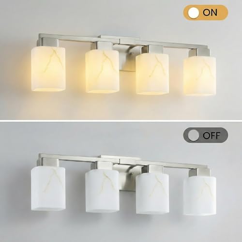 4-Light Square Bathroom Light Fixture, Brushed Nickel Modern Vanity Light with White Marble Glass Shade, for Bathroom Mirror, Living Room, Bedroom, Hallway, E26 Base - color: Brushed Nickel, size: 4-Light