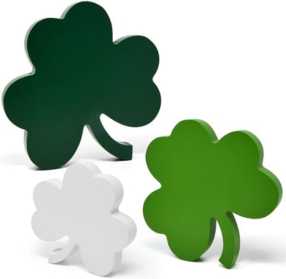 St Patricks Day Decorations Wooden Shamrock Tabletop Set – 3 Piece Green Clover Freestanding Tiered Tray Decor for Home Office Mantel Shelf Display