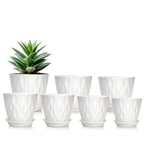 GARDIFE 7 Pack Plant Pots 4-7 inch with Drainage Holes and Tray, White - color: White