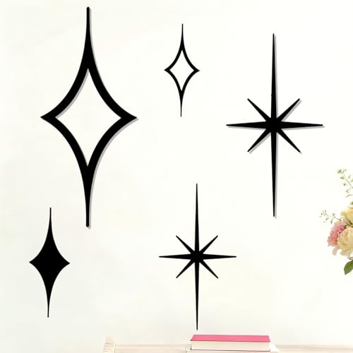 ELENWYNN 5 Pcs Metal Starburst Shaped Wall Decor Art, Iron Mid Century Modern Sculpture, Retro Atomic Stars Sign, Elegance Accents Vintage Celestial Whimsigoth Hangings For Home Office Room-Black - color: 5-Pcs Star Set - Black