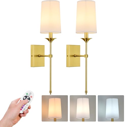 Battery Operated Wall Sconce Set of 2,Cordless Rechargeable Wall Light with RGB Dimmable Bulb and Remote,15 Colors Adjustable,Easy Install No Wiring - color: Battery Operated-Antique Brass