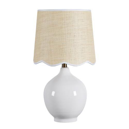 21"H Ceramic White Table Lamp with Beige Faux Rattan Drum Shade - color: Ceramic White