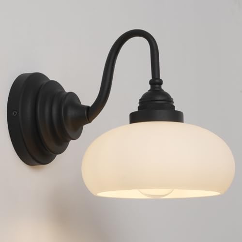 Vintage Curved Arm Sconce Wall Lighting with Milk White Glass Shade,Industrial Bathroom Vanity Wall Mounted Lamp Fixture for Living Room Bedroom Stairwells - color: Black