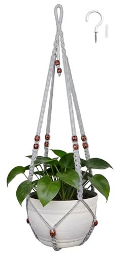 35 Inch Macrame Plant Hanger, Large for up to 15 Inch Pot Extra Long Hanging Planter Holder Basket with Wood Beads for Indoor Outdoor Home Decor (Grey, 1-Pack) - color: Gray, size: 1-Pack