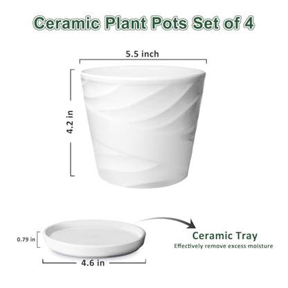 5 Inch Ceramic Plant Pots, 5.5 in Diameter, 4 Pack - color: Pure White, size: 5.5 Inch-4 Pack