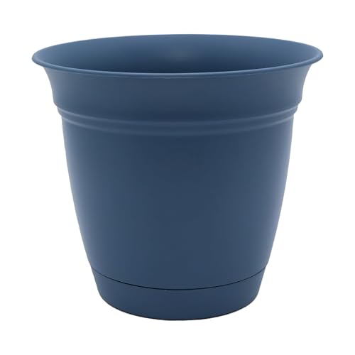 The HC Companies Eclipse Round Planter with Saucer - Outdoor & Indoor Plant Pot with Drainage Holes - Lightweight, UV-Resistant Plastic Pots for Plants, Flowers & Herbs (12" Slate Blue, Pack of 1) - size: 12"