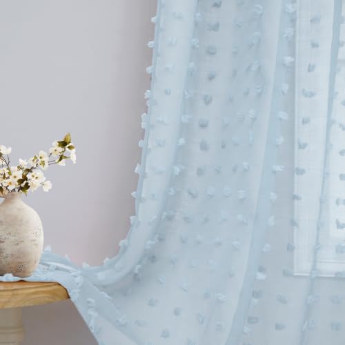 DANCURTON Light Blue Sheer Curtains 63 Inch Length for Bedroom Boho Pom Pom Sheer Curtains 2 Panels Back Tab Blue Drapes for Bathroom Nursery Kids Room Modern Farmhouse Coastal Decor Window Treatments - color: Light Blue, size: 52"W x 63"L (Pack of 2)