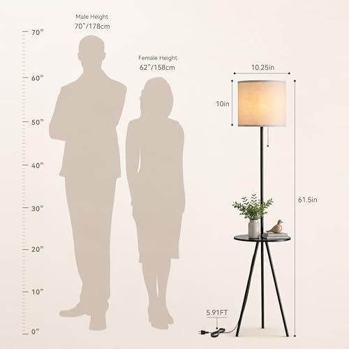 Floor Lamp with Table Attached, Linen Shade, Standing Lamp for Living Room - color: Black