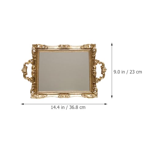Cabilock Vintage Mirror Tray Carved Gold Vanity Tray for Jewelry Cosmetics Dessert Display Wedding Party Home Office Hotel Decor 14.76 X 9.44 X 1.96 in