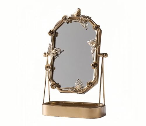 HSDDHOME Vintage Gold Tabletop Makeup Mirror, Bird & Butterfly Decorative Vanity Mirror, 12.8” x 8.2” Retro Metal Standing Mirror for Dresser, Bedroom, and Bathroom