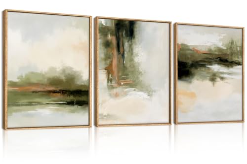 KAIRNE Green Brown Abstract Neutral Framed Canvas Wall Art Set-12"x16"x3 - color: Green Abstract Wall Art, size: 12"L x 16"W