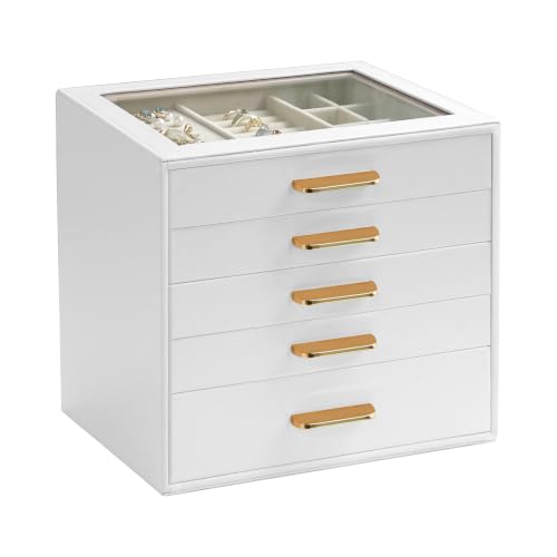 Homeanda Jewelry Boxes Organizer with Glass Lid, 5-Layer PU Leather, White - color: White, size: 5 Layer